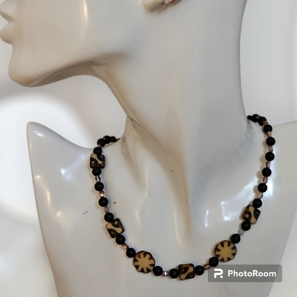HANDMADE Onyx Czech Glass Geometric Beaded Necklace - Picture 1 of 6